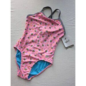 Dolfin Uglies Girls One Piece Swimsuit Size 14 Pink Bumble Bees Floral UPF NEW